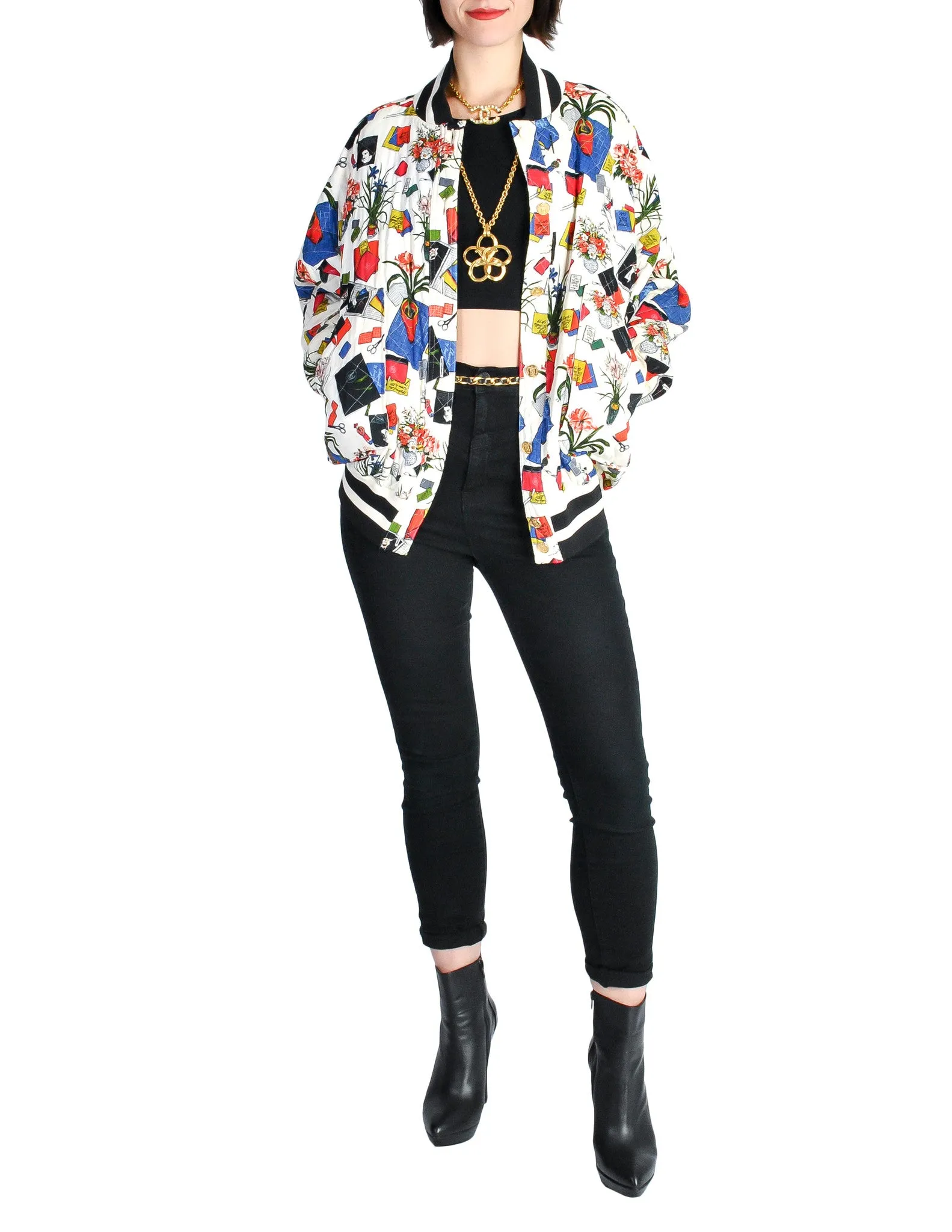 Chanel Vintage Novelty Print Quilted Bomber Jacket