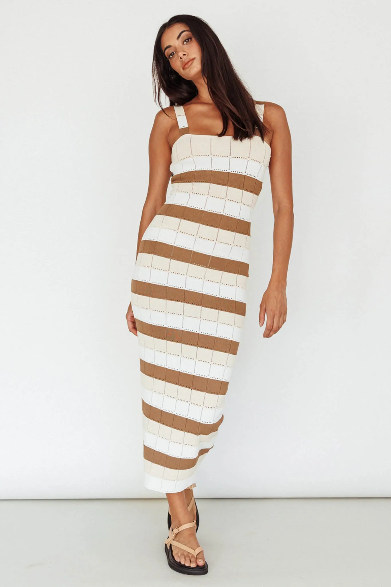 Chase The Sunrise Knit Midi Dress Striped Chocolate/White