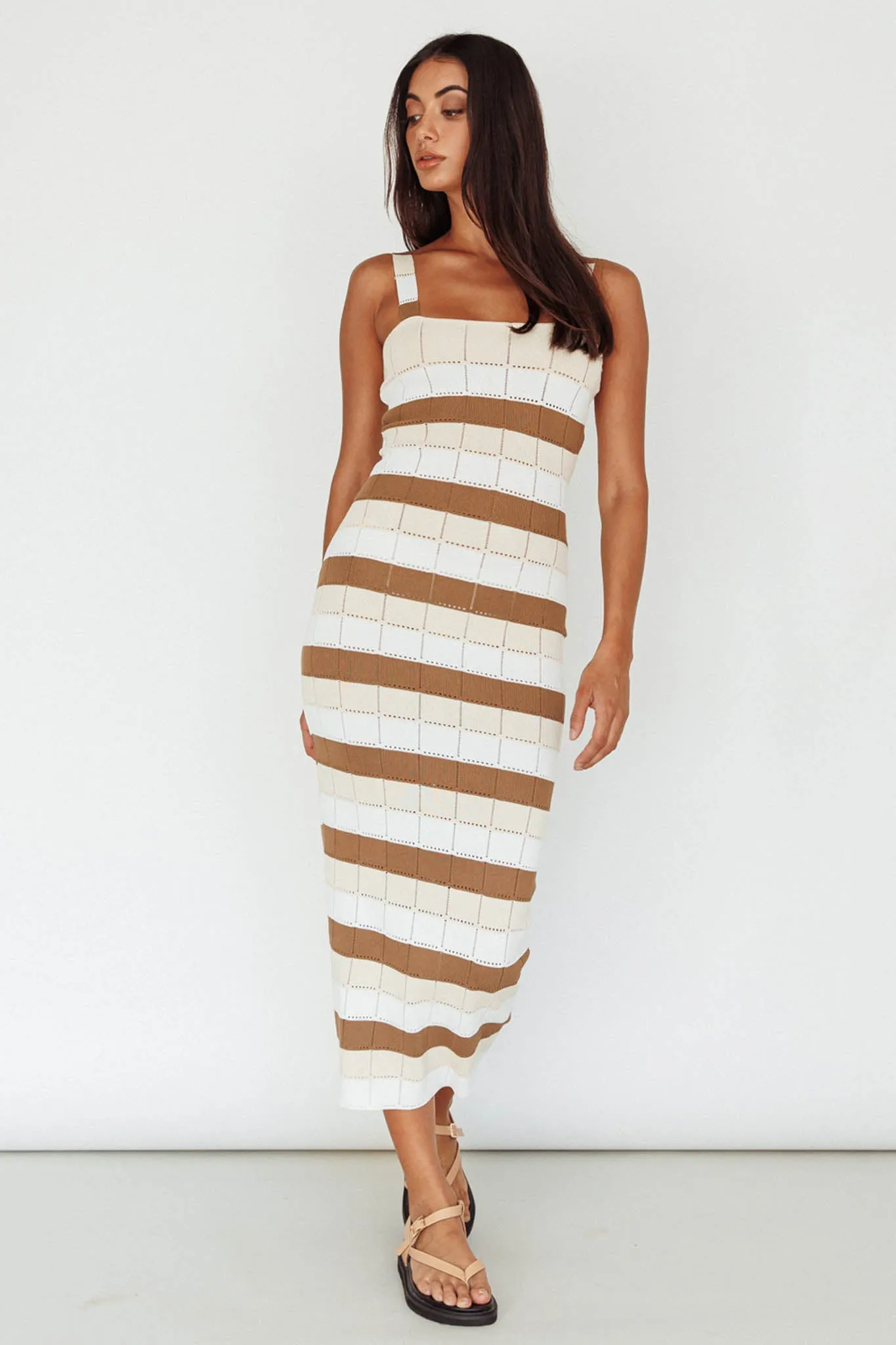 Chase The Sunrise Knit Midi Dress Striped Chocolate/White