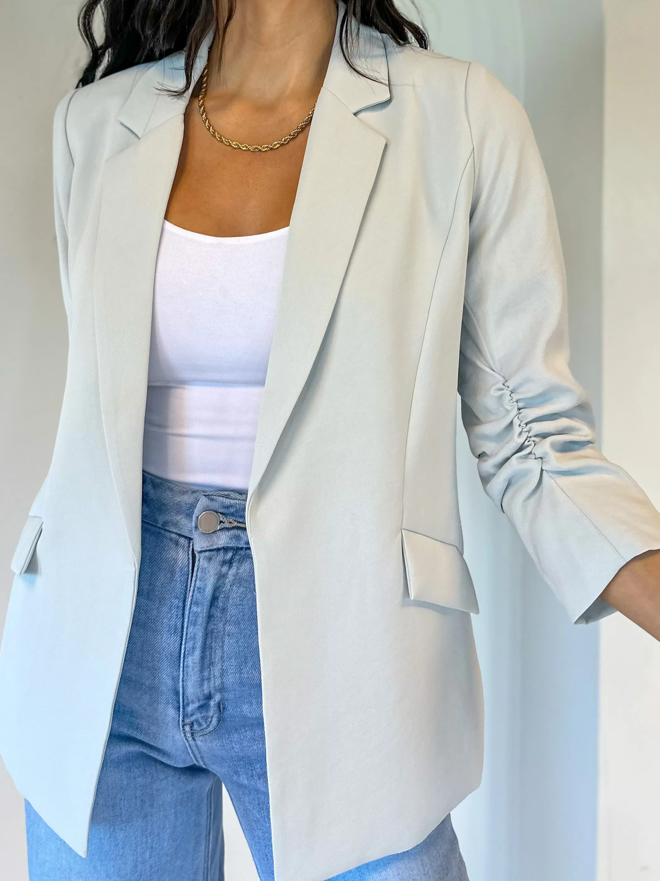 Chic Shirred Sleeve Blazer - Dove Grey