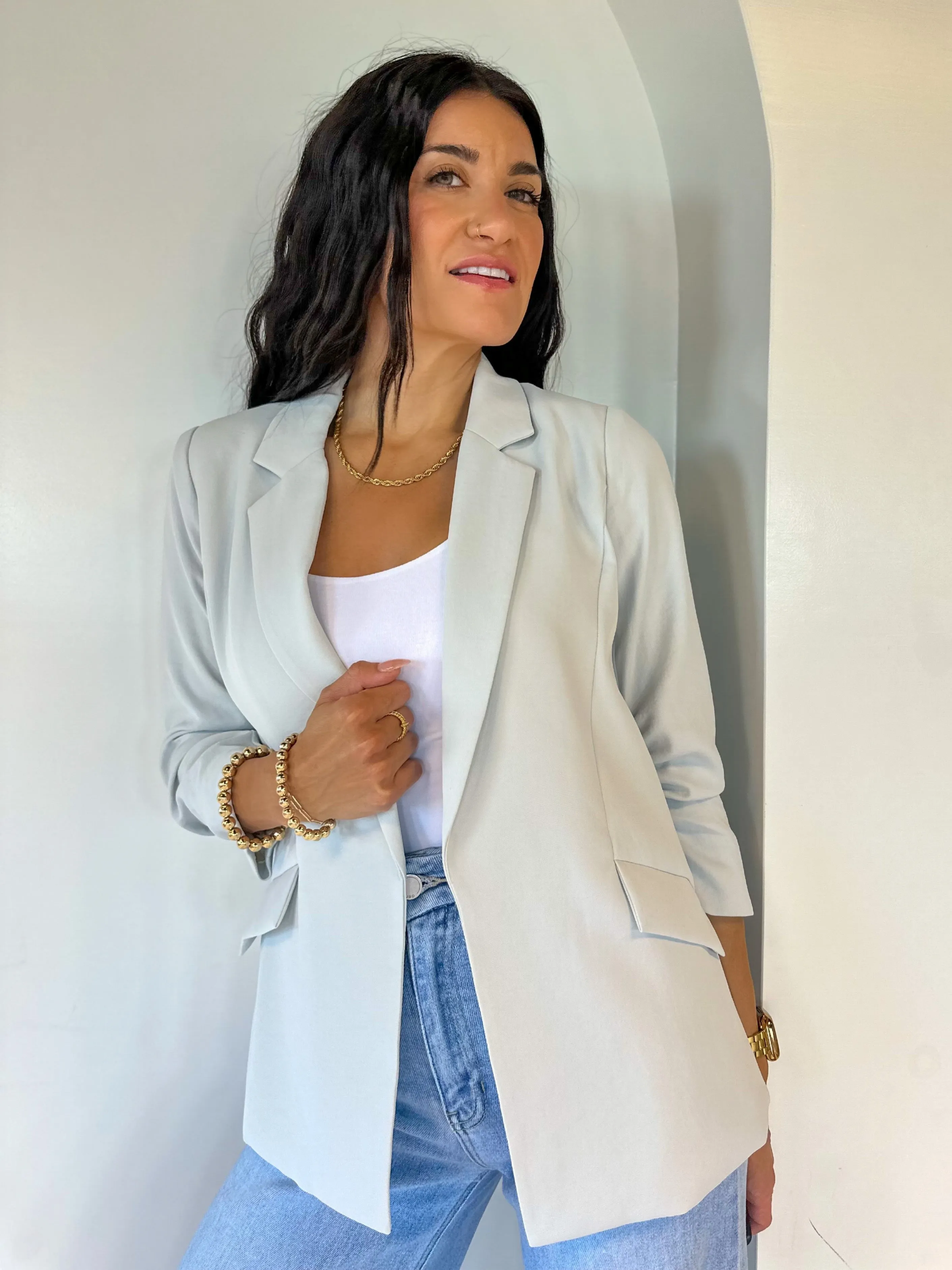 Chic Shirred Sleeve Blazer - Dove Grey