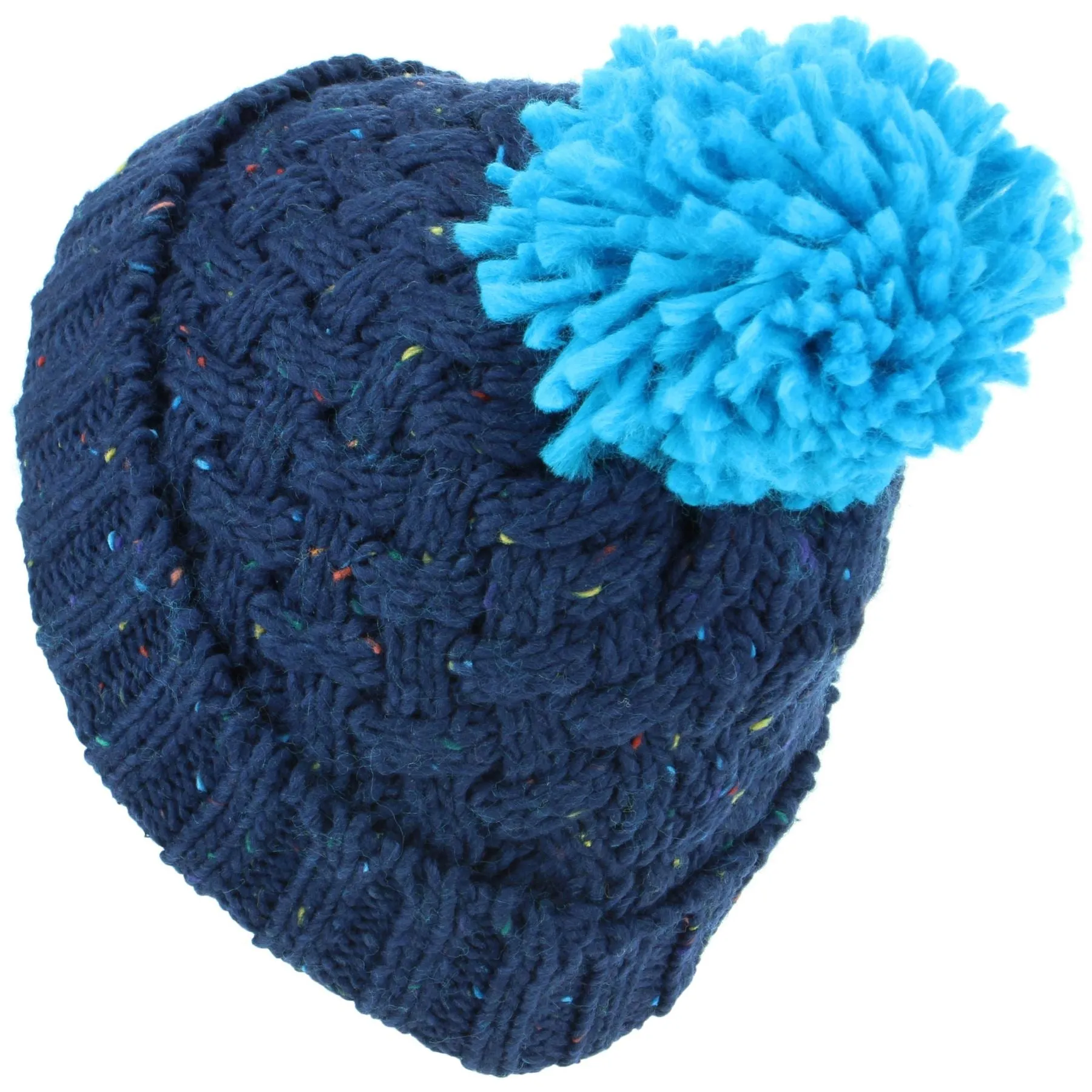 Children's Chunky Lattice Knit Navy Fleck Bobble Beanie Hat with Fleece Lining - Blue Bobble