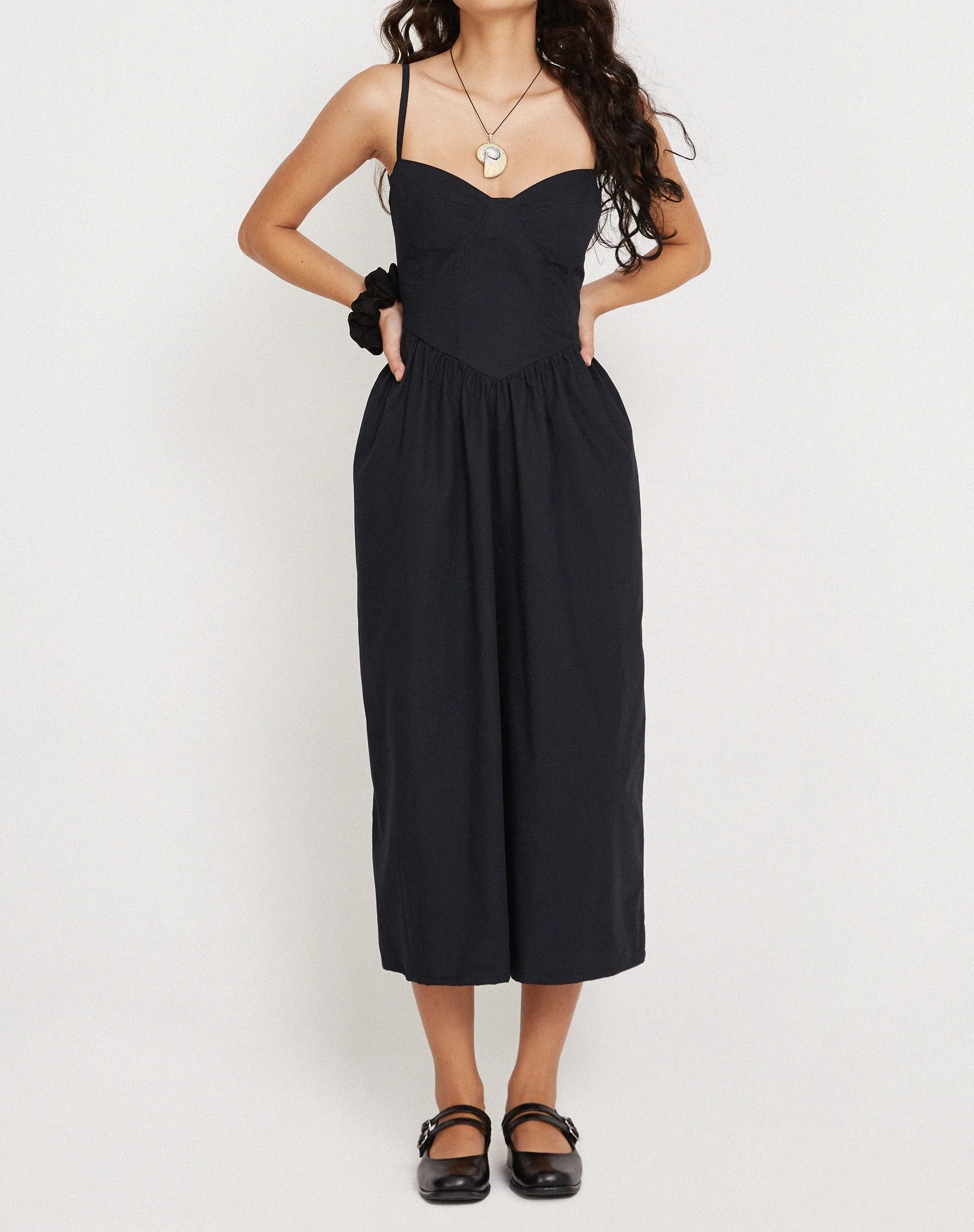 Clementine Corset Midi Dress in Black Poplin