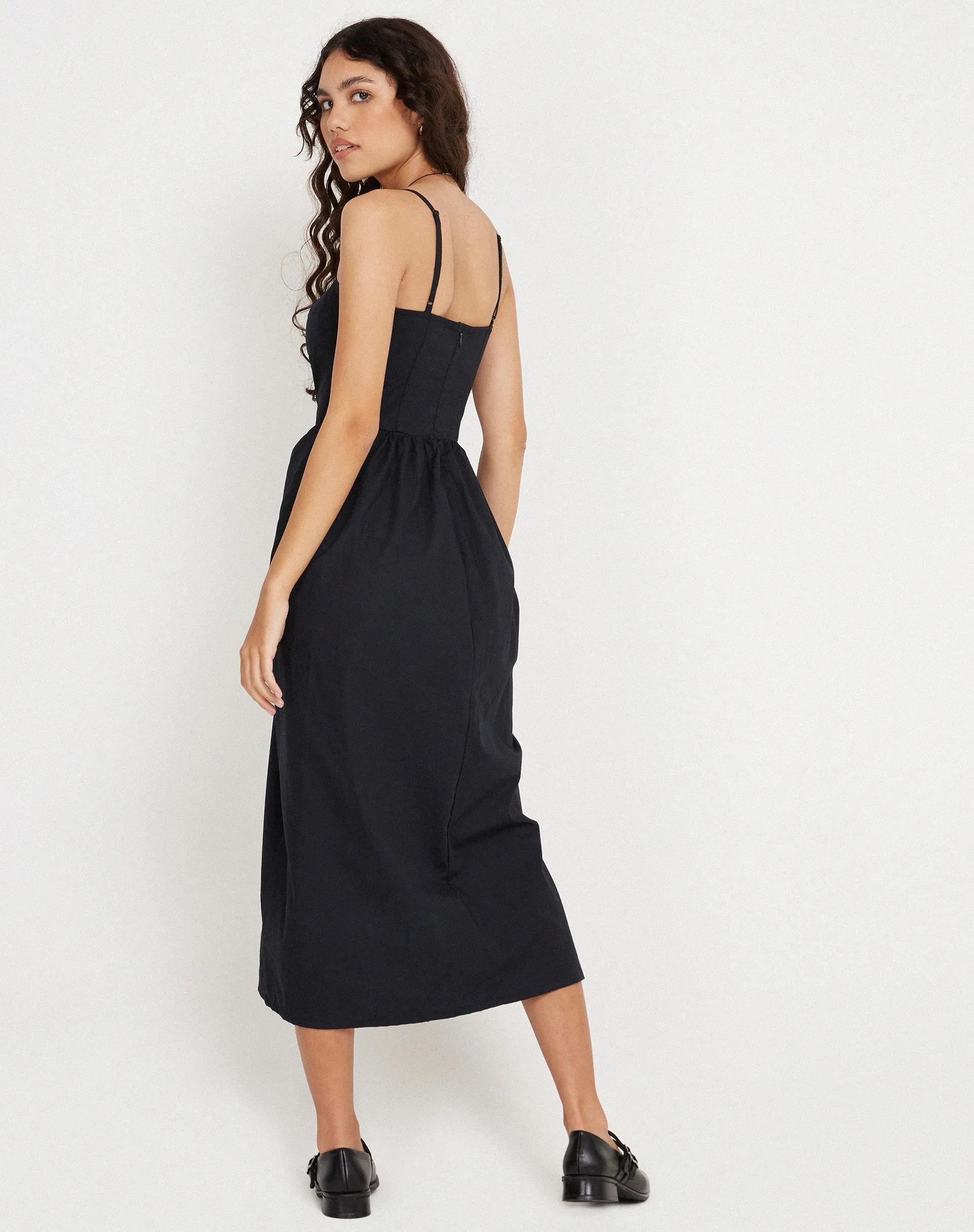 Clementine Corset Midi Dress in Black Poplin