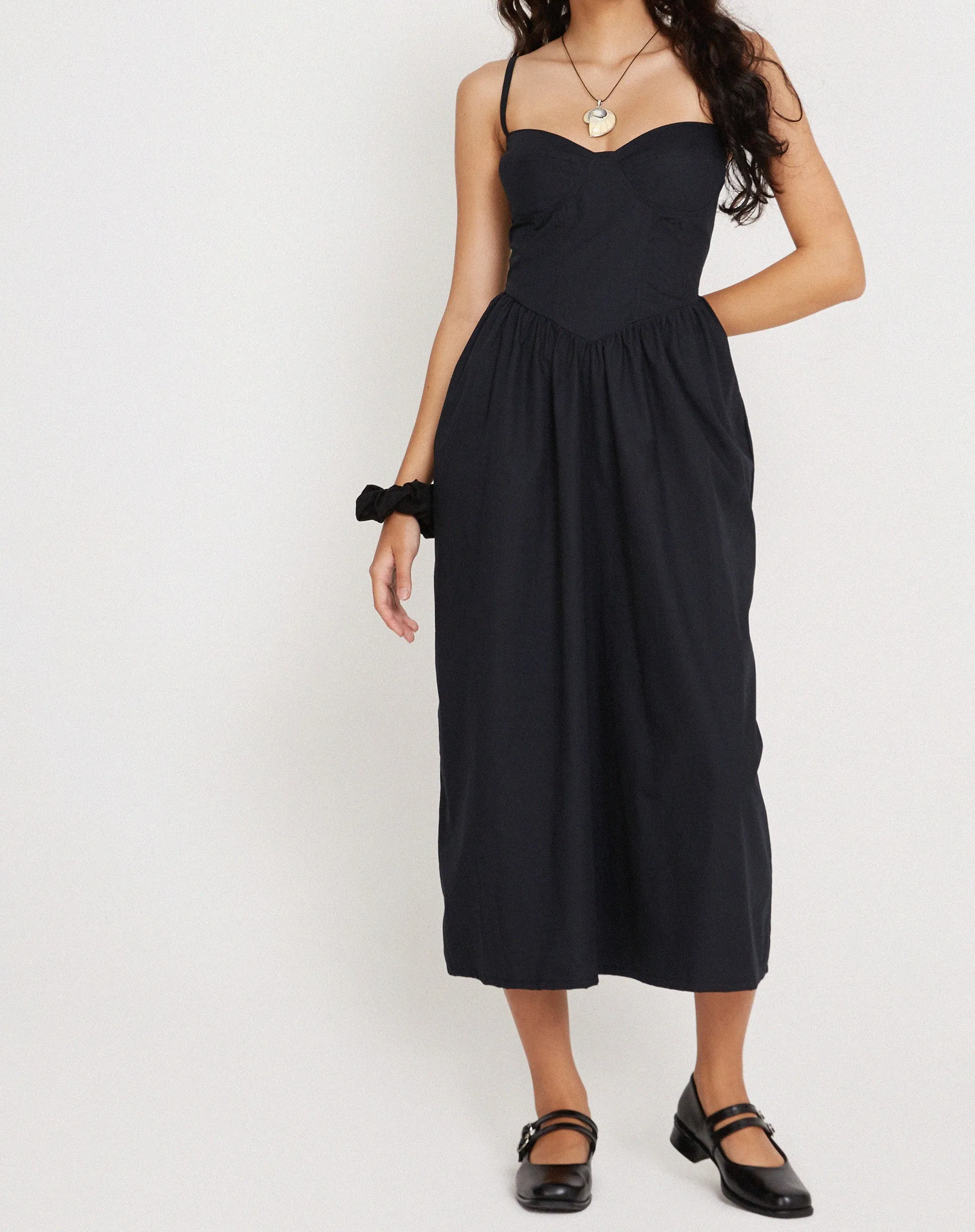 Clementine Corset Midi Dress in Black Poplin