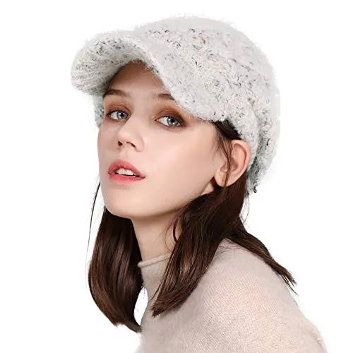 Comhats Wool Thick Knitted Winter Hat for Women Newsboy Snow Cap Billed Beanie with Brim Beret