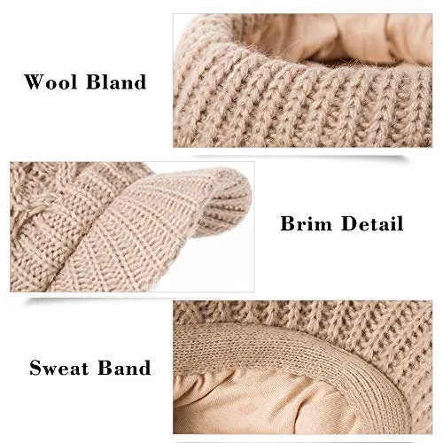 Comhats Wool Thick Knitted Winter Hat for Women Newsboy Snow Cap Billed Beanie with Brim Beret