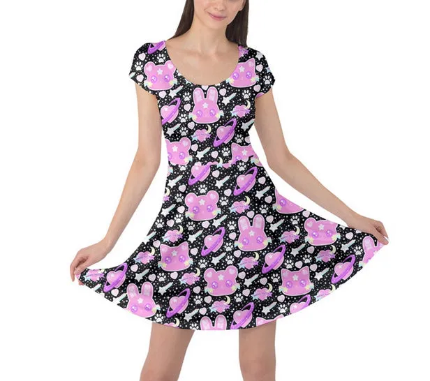 Cosmic Cuties Black cap sleeve skater dress [made to order]