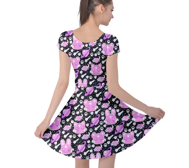 Cosmic Cuties Black cap sleeve skater dress [made to order]