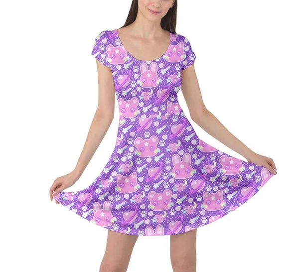 Cosmic Cuties Purple cap sleeve skater dress [made to order]