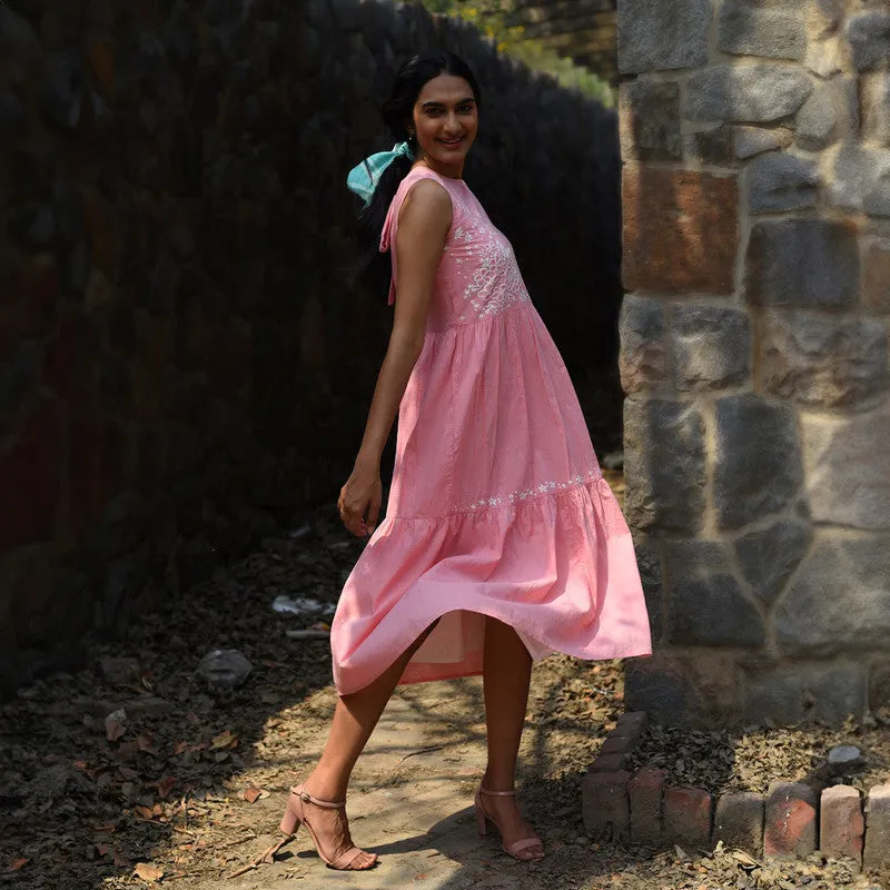 Cotton Sleeveless Midi Dress | Pink | Hand Embroidered