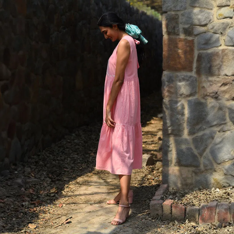 Cotton Sleeveless Midi Dress | Pink | Hand Embroidered