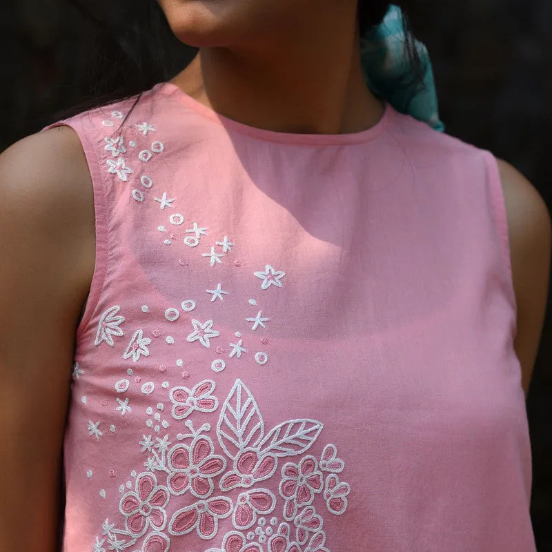 Cotton Sleeveless Midi Dress | Pink | Hand Embroidered