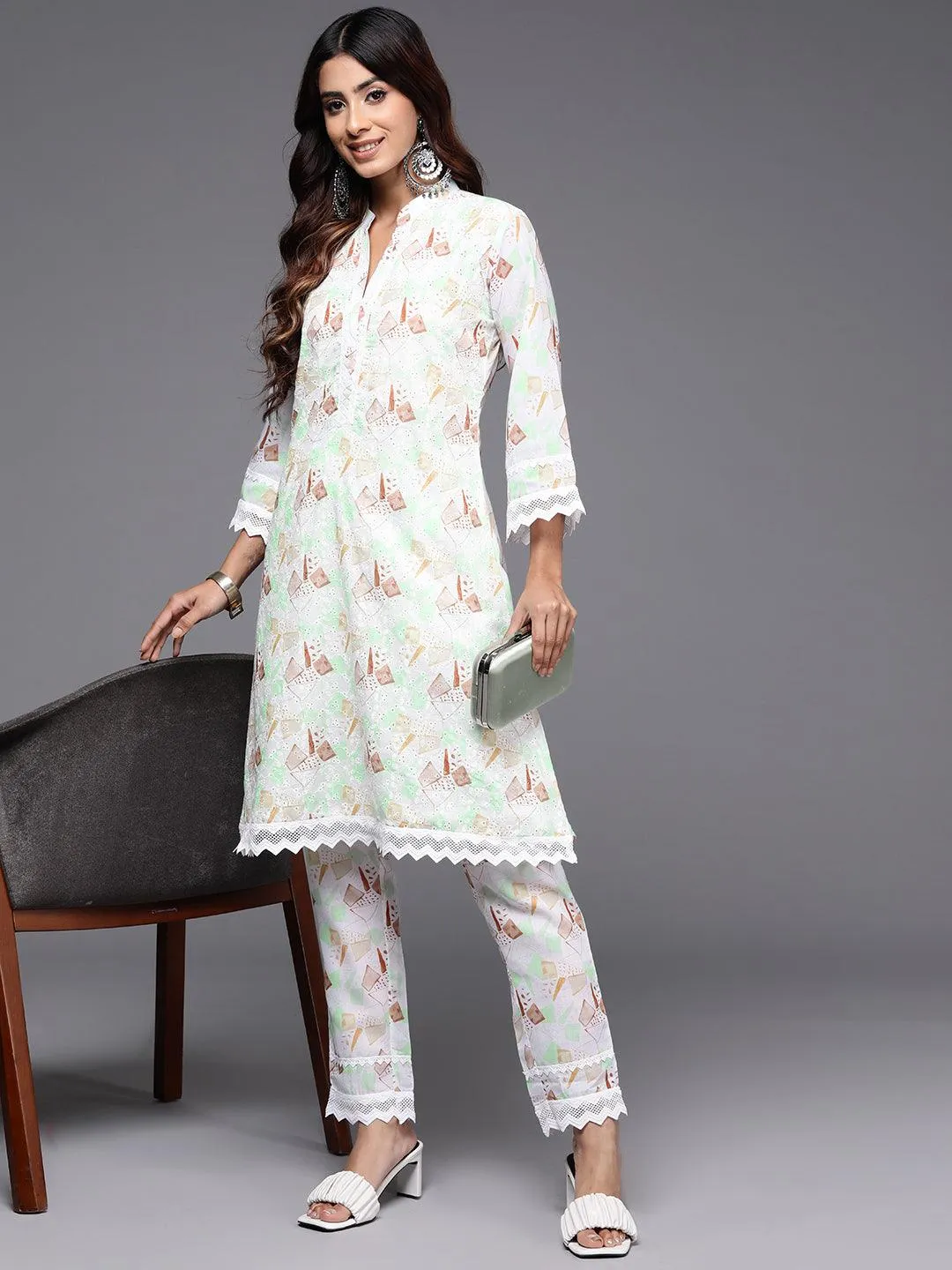 Cream Printed Cotton A-Line Kurta With Trousers