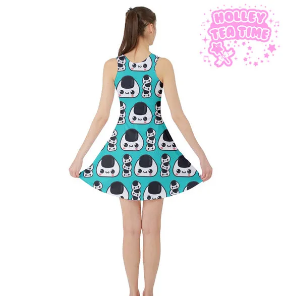 Cute rice ball teal sleeveless skater dress [made to order]