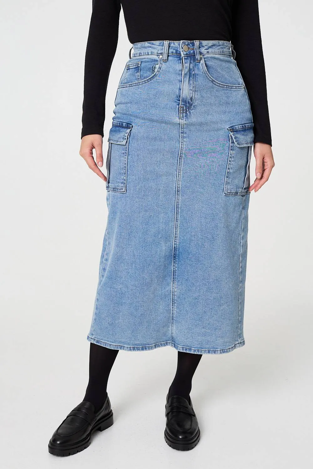 Denim High Waist Midi Cargo Skirt