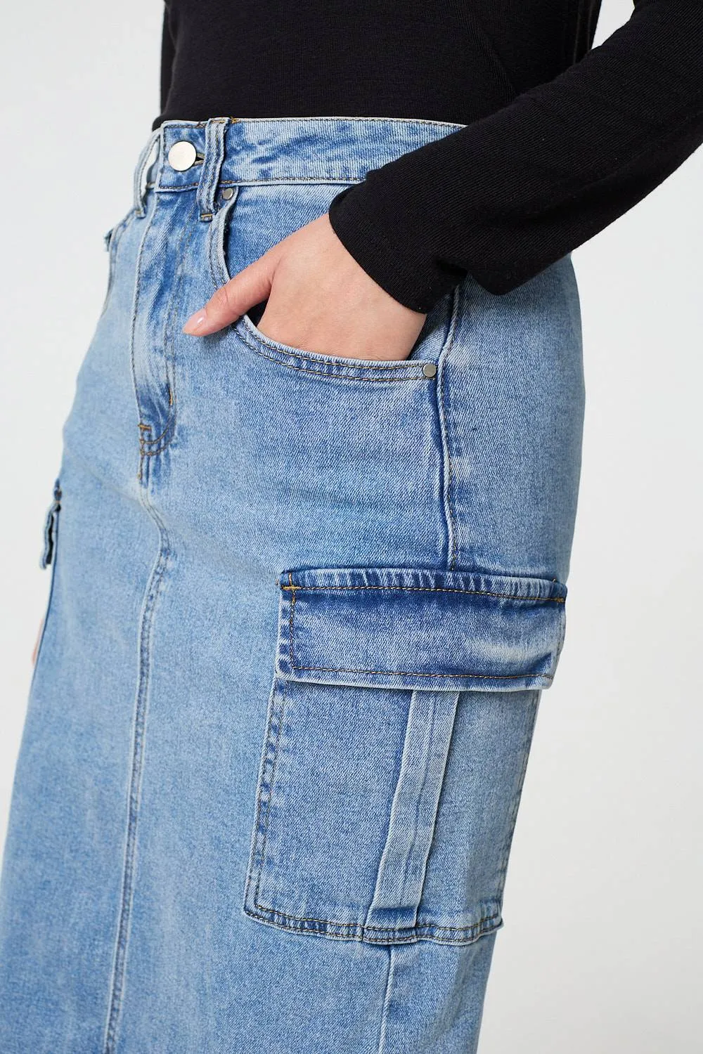 Denim High Waist Midi Cargo Skirt