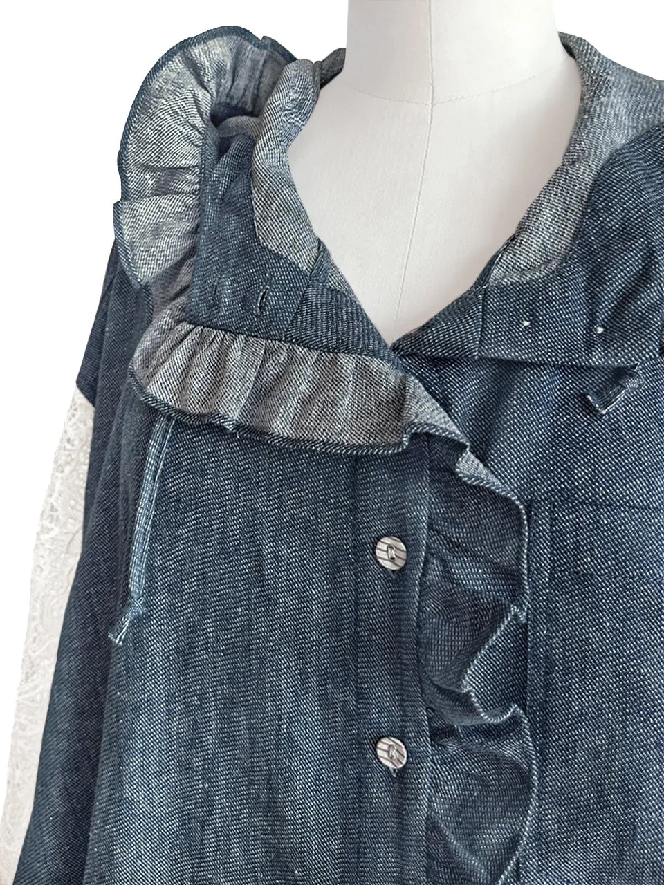 Denim Lace Sleeves Ruffle-Trimmed Parker Jacket