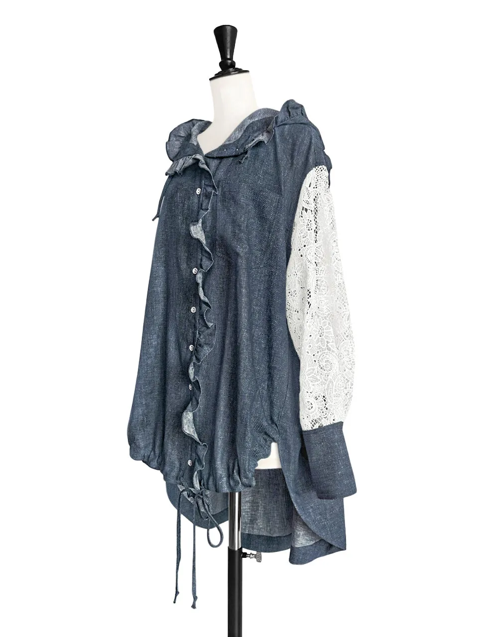 Denim Lace Sleeves Ruffle-Trimmed Parker Jacket