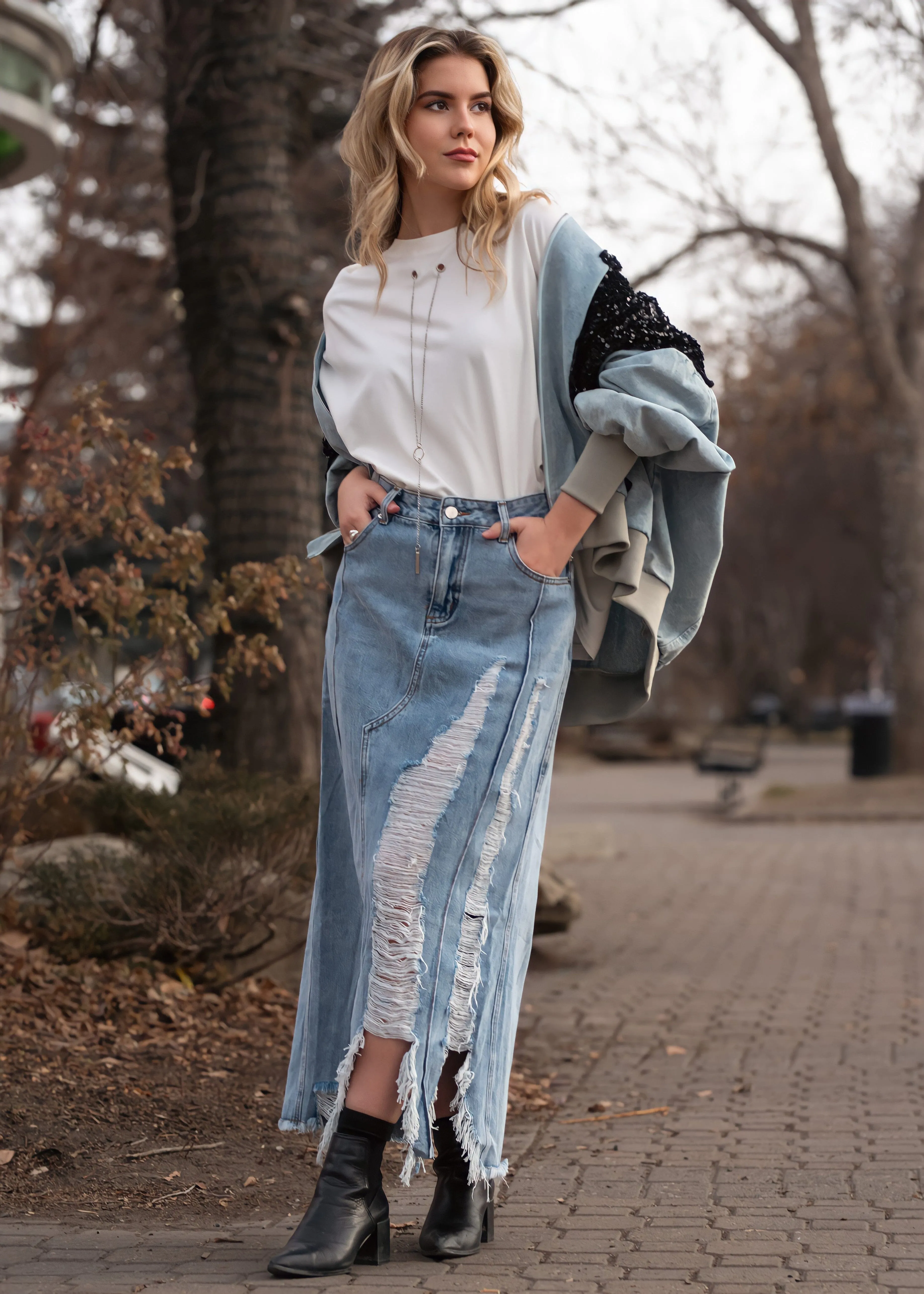 Distressed Denim Midi Skirt