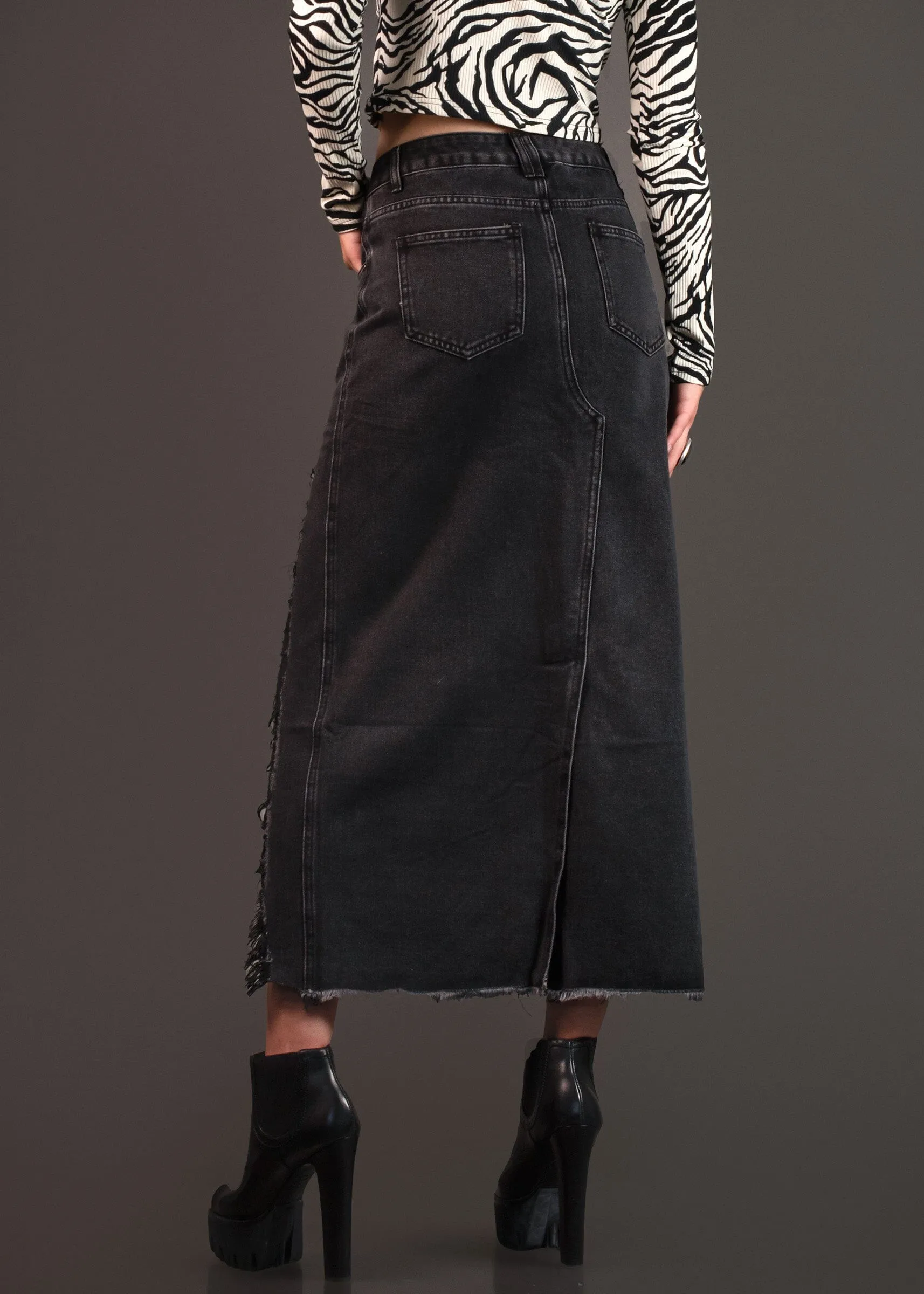 Distressed Denim Midi Skirt