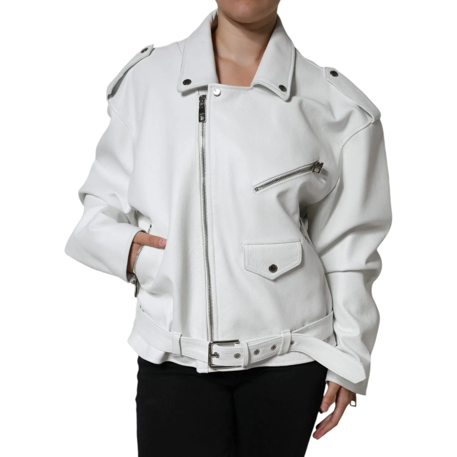 Dolce & Gabbana White Lambskin Leather Biker Coat Jacket