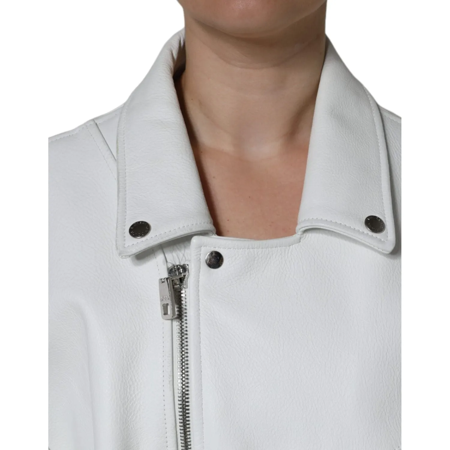 Dolce & Gabbana White Lambskin Leather Biker Coat Jacket