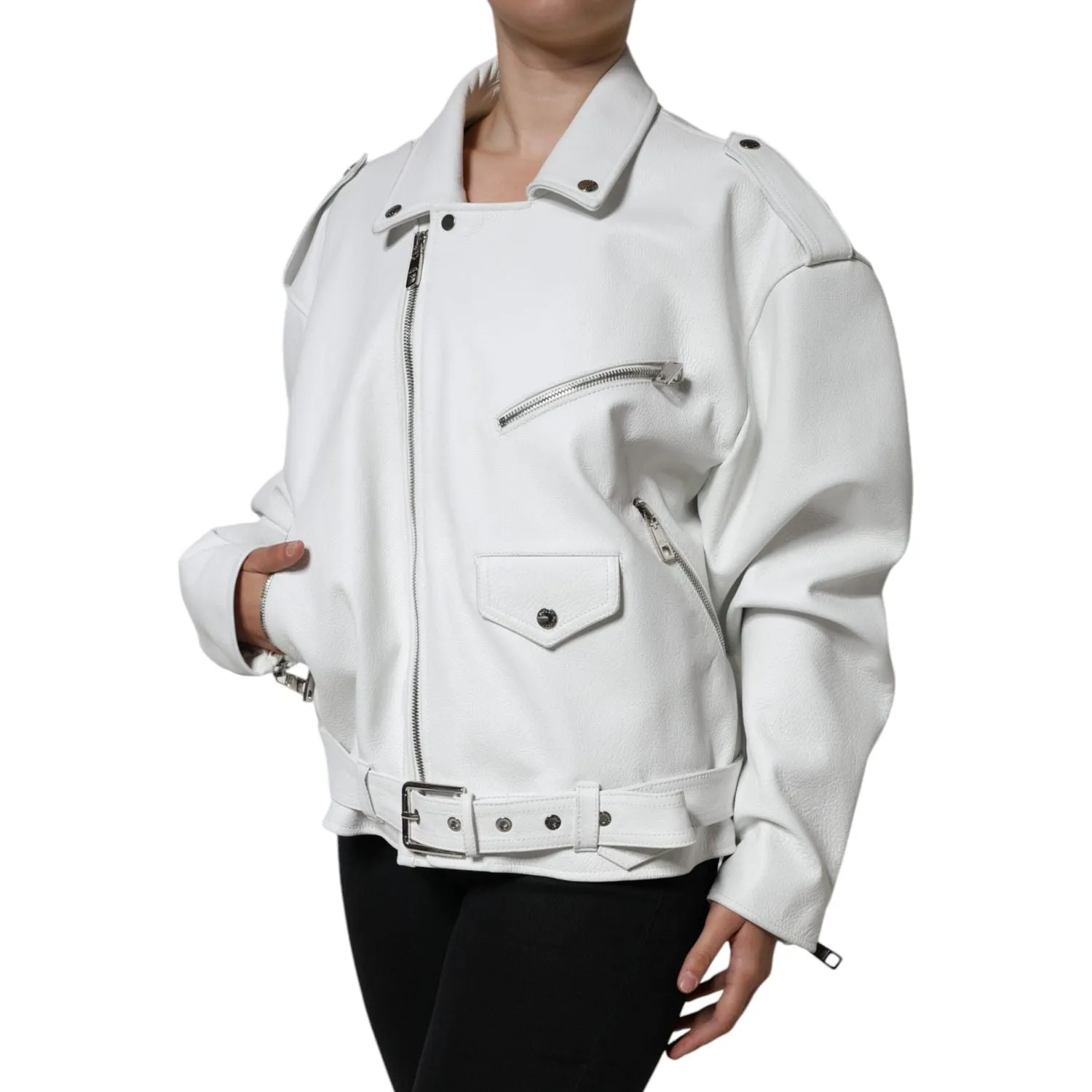 Dolce & Gabbana White Lambskin Leather Biker Coat Jacket