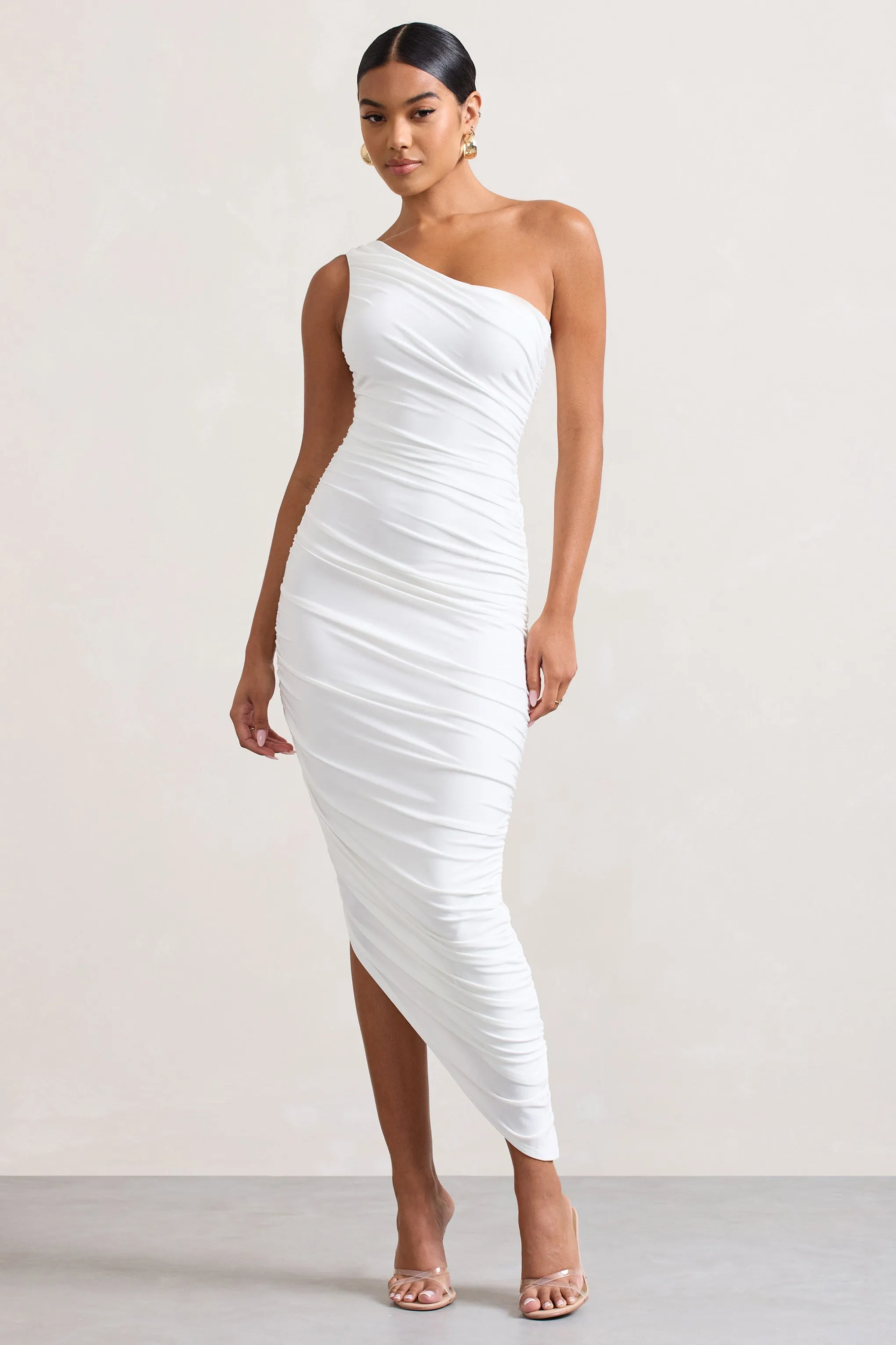 Dorit | White One Shoulder Asymmetric Ruched Midi Dress