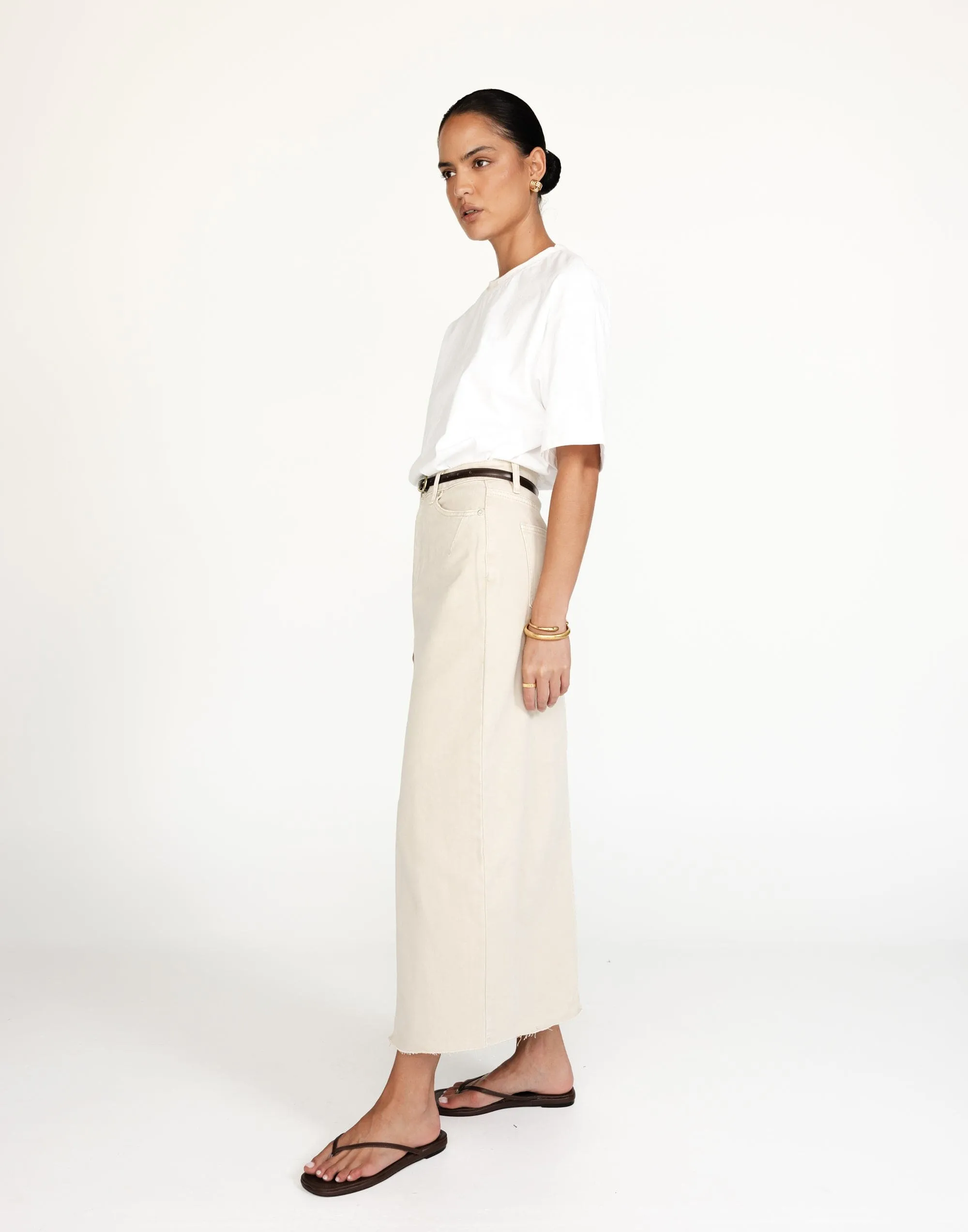 Drew Denim Midi Skirt (Latte)