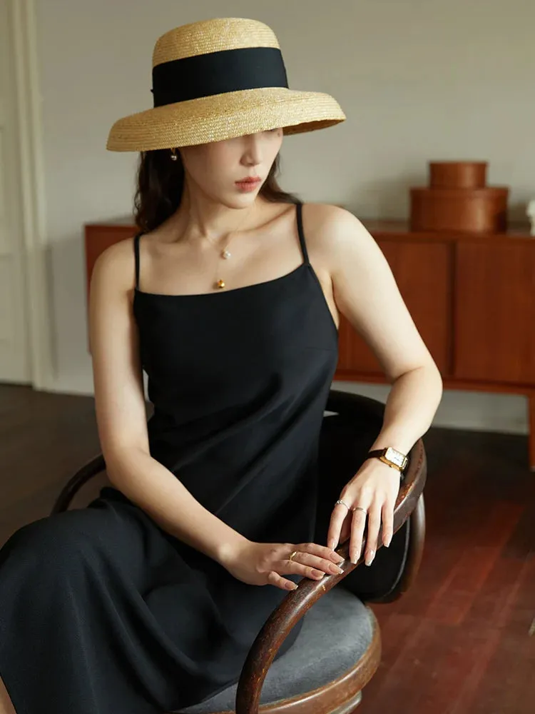 DUSHU Women Long Black Slip Dress Slit Design Elegant Square Neck Slip Dress Adjustable Strap Spring Women Solid Dress