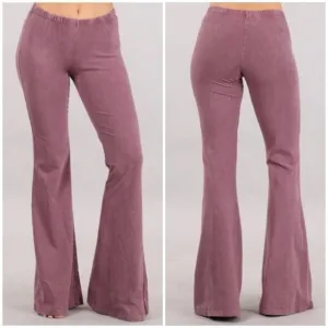 Dusty Rose Boho Mineral Wash Flared Bell Bottom Stretch Pull On Pants Womens