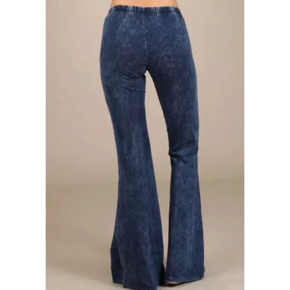 Electric Blue Boho Mineral Wash Flared Stretch Pants Casual Womens