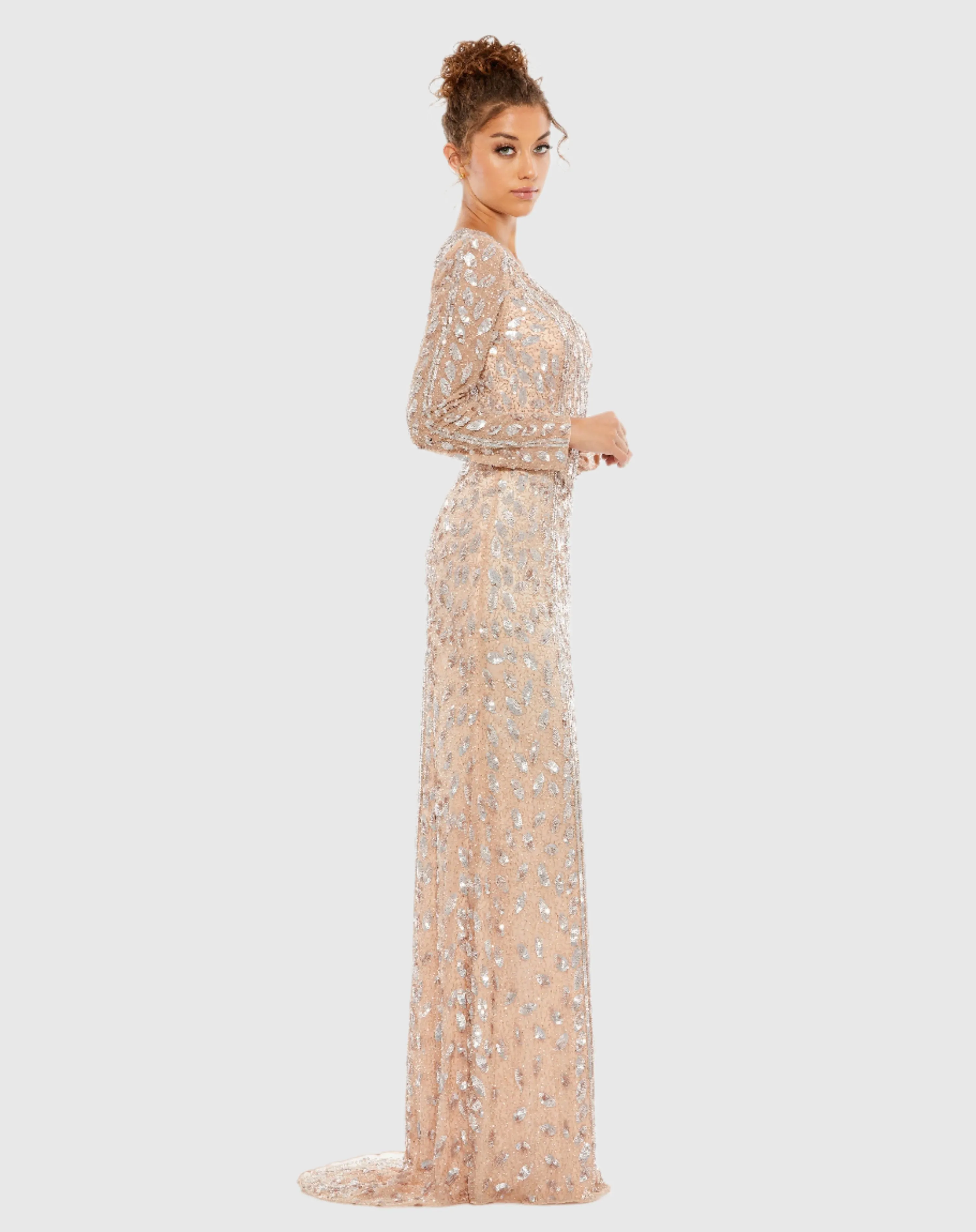 Embellished Front Slit Long Sleeve Gown