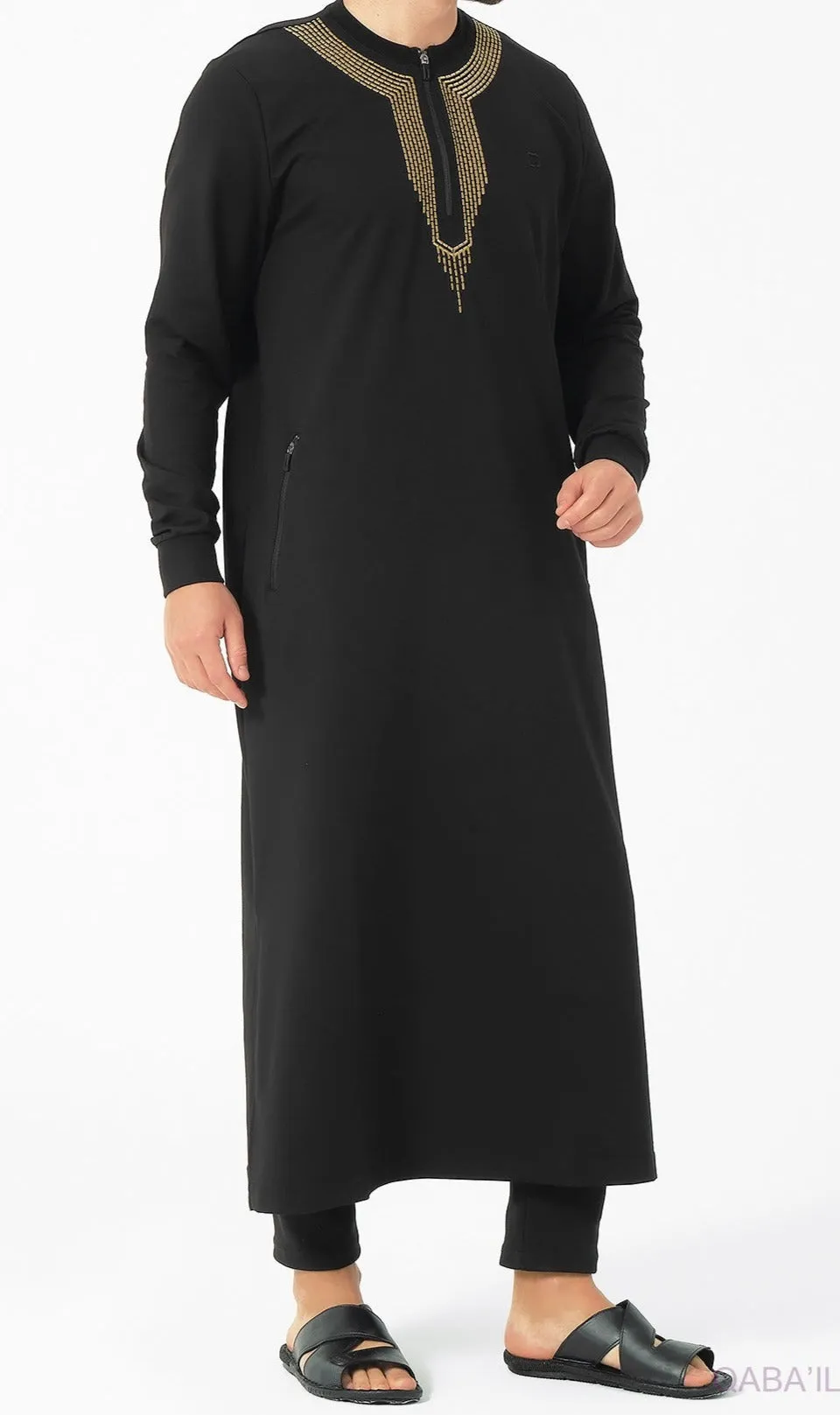 Embroidered Long Thobe for Muslim Men Kamees Sham R24 QL in Black