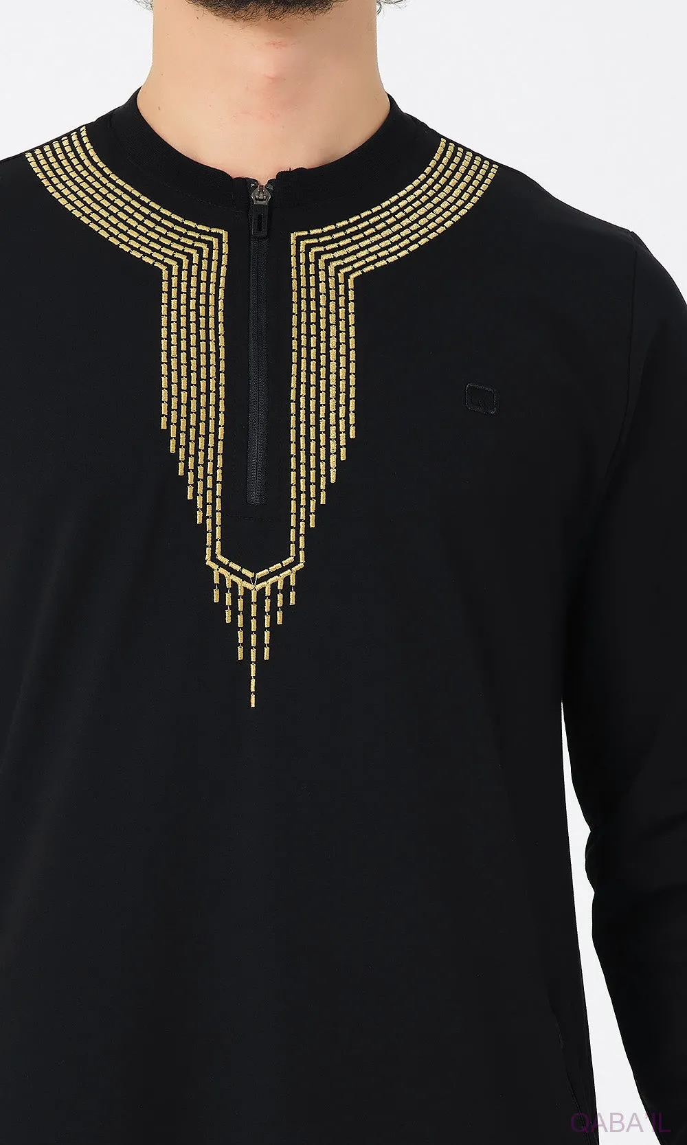 Embroidered Long Thobe for Muslim Men Kamees Sham R24 QL in Black