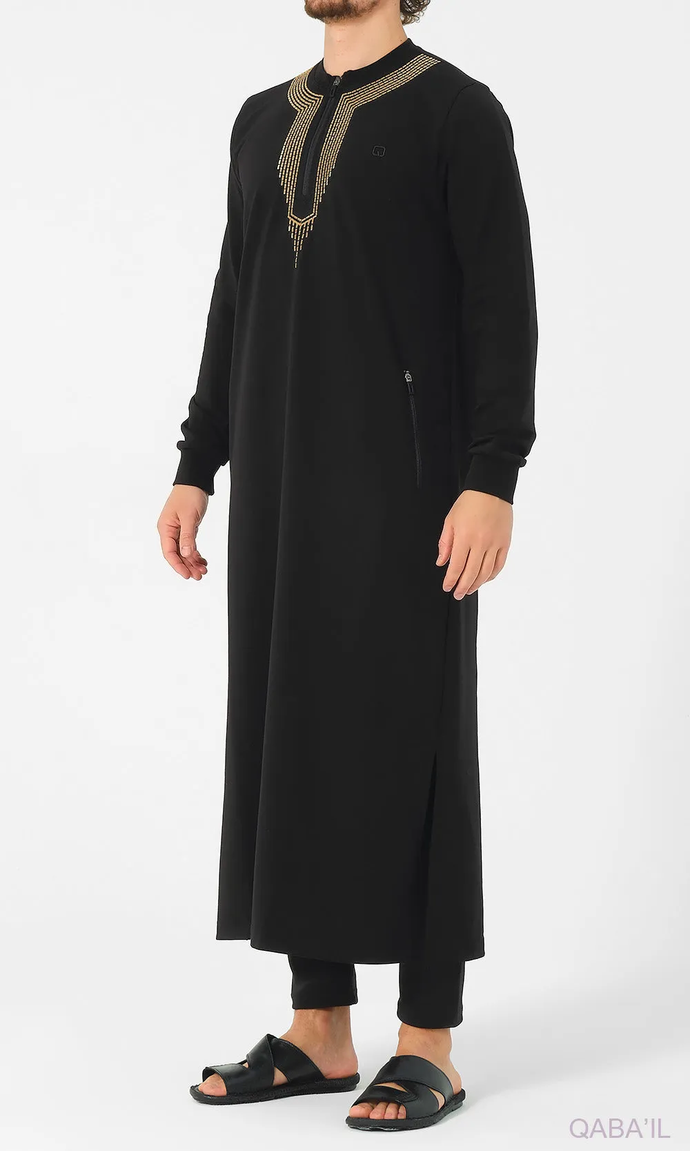 Embroidered Long Thobe for Muslim Men Kamees Sham R24 QL in Black