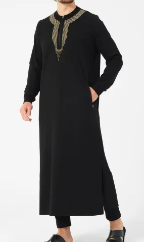 Embroidered Long Thobe for Muslim Men Kamees Sham R24 QL in Black