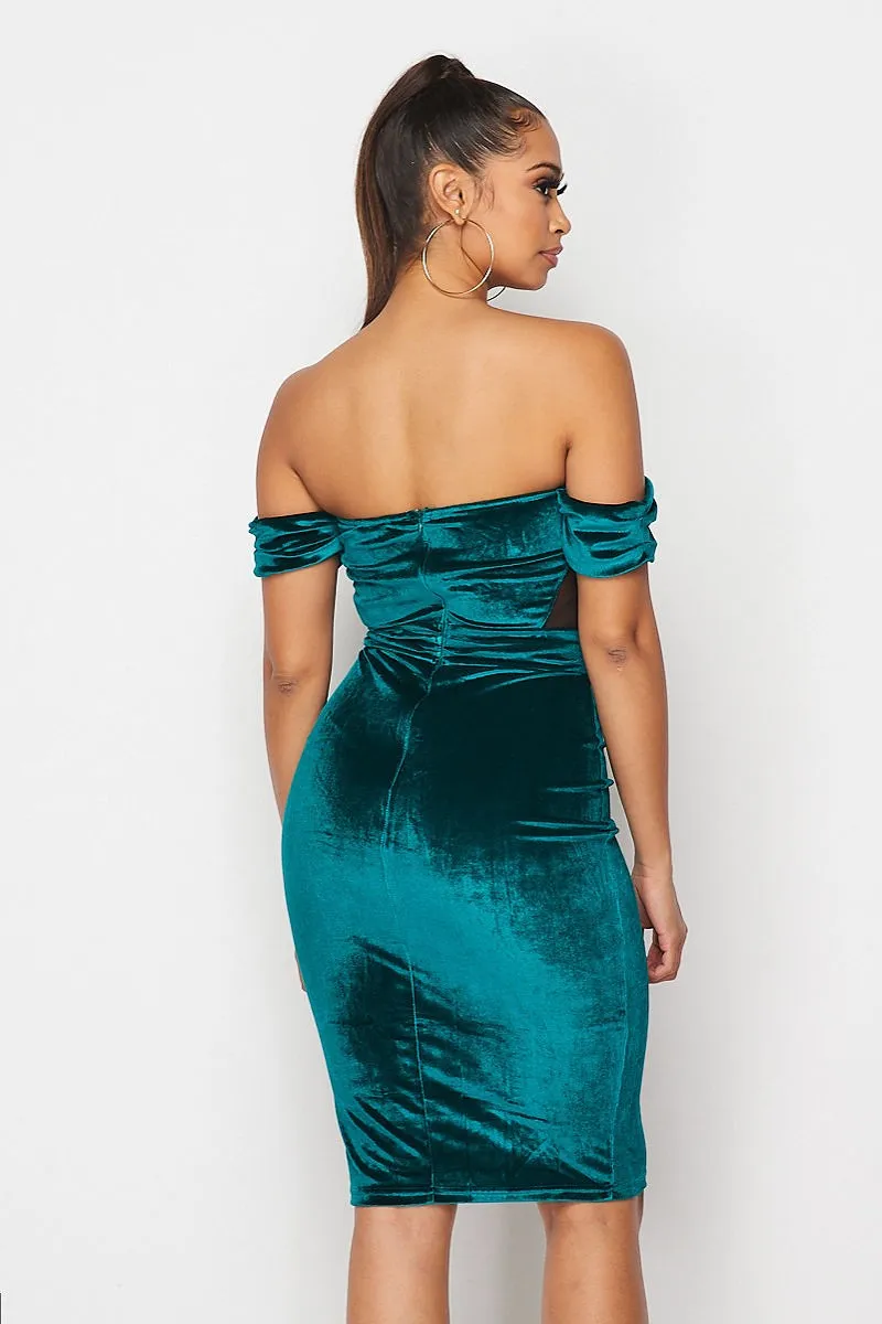 Emerald Green Off Shoulder Bodycon Velvet Dress