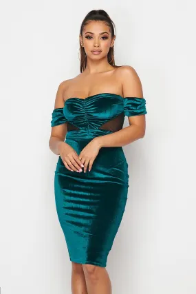 Emerald Green Off Shoulder Bodycon Velvet Dress