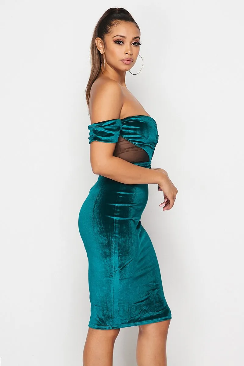 Emerald Green Off Shoulder Bodycon Velvet Dress