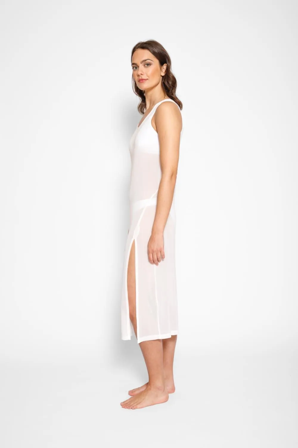 Escape Mesh Asymmetrical Slip Midi Tank Dress