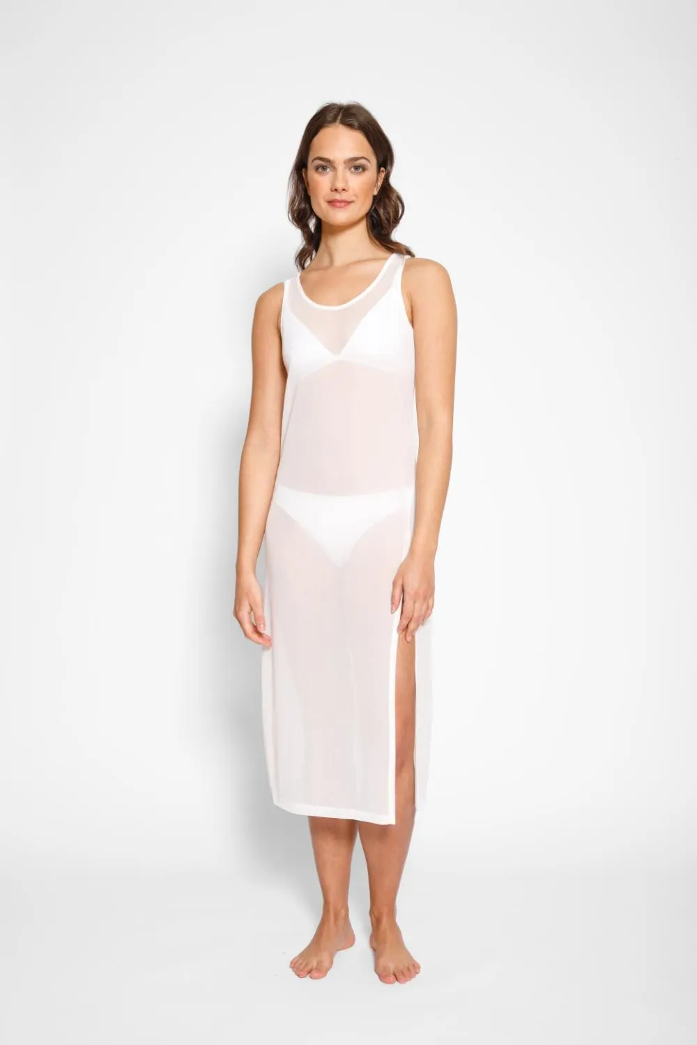 Escape Mesh Asymmetrical Slip Midi Tank Dress