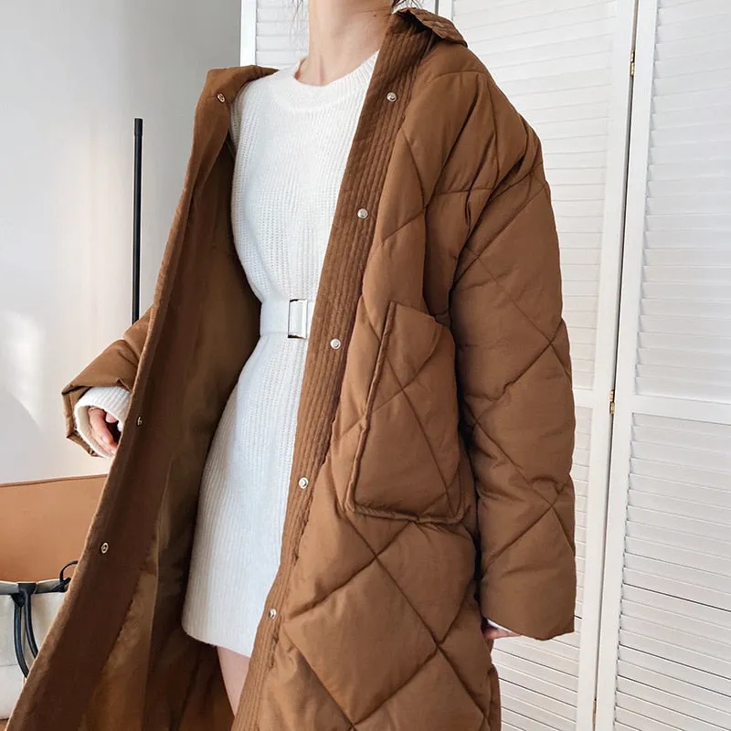 Fashionkova  Winter Korean Style Long Cotton-Padded Coat Women's Casual Stand-Up Collar Argyle Pattern Oversized Parka Chic Jacket