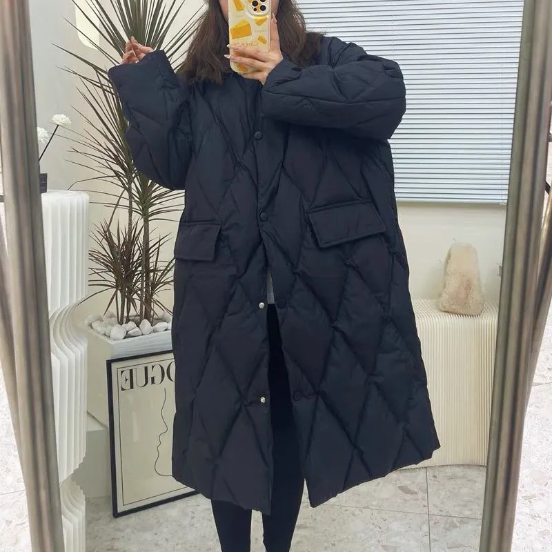 Fashionkova  Winter Korean Style Long Cotton-Padded Coat Women's Casual Stand-Up Collar Argyle Pattern Oversized Parka Chic Jacket