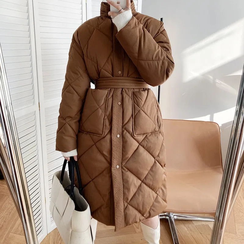 Fashionkova  Winter Korean Style Long Cotton-Padded Coat Women's Casual Stand-Up Collar Argyle Pattern Oversized Parka Chic Jacket