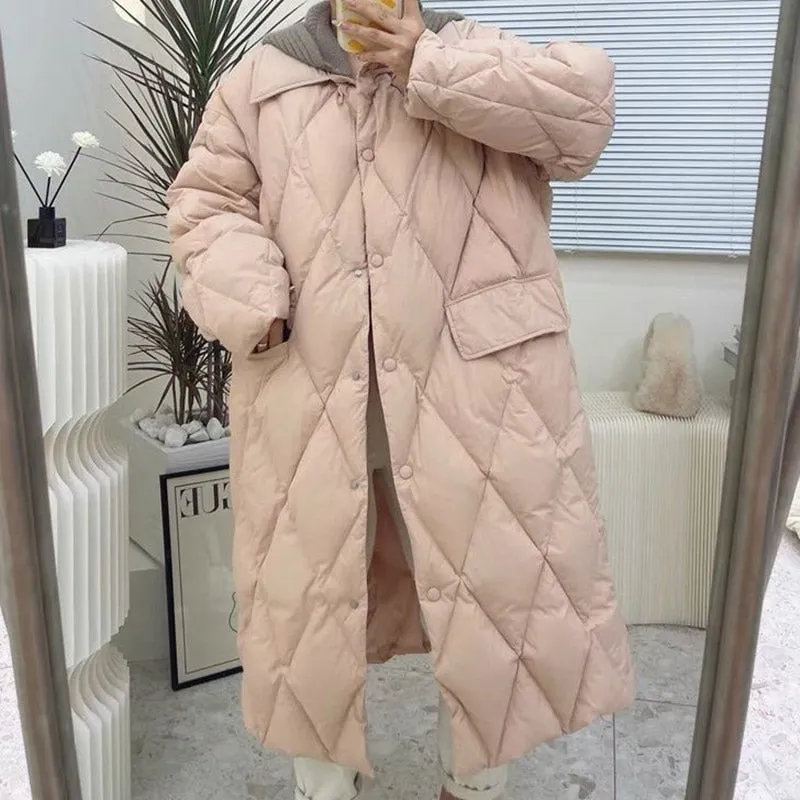 Fashionkova  Winter Korean Style Long Cotton-Padded Coat Women's Casual Stand-Up Collar Argyle Pattern Oversized Parka Chic Jacket