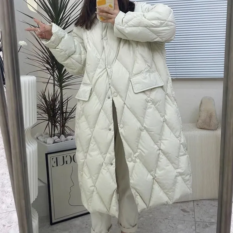 Fashionkova  Winter Korean Style Long Cotton-Padded Coat Women's Casual Stand-Up Collar Argyle Pattern Oversized Parka Chic Jacket