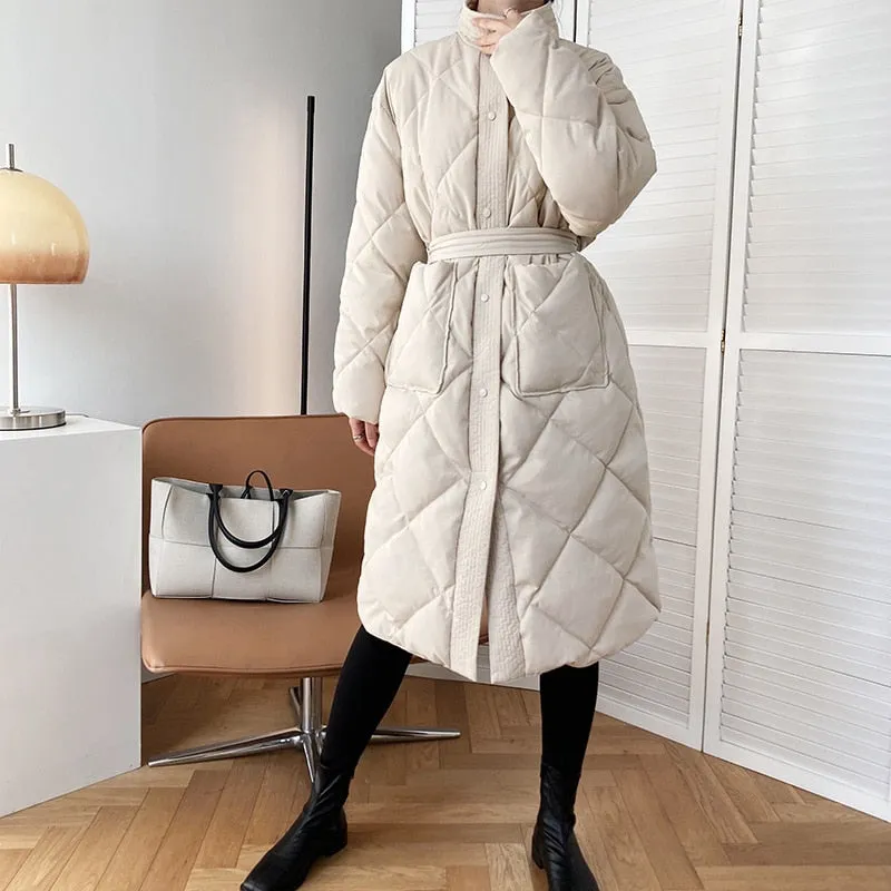 Fashionkova  Winter Korean Style Long Cotton-Padded Coat Women's Casual Stand-Up Collar Argyle Pattern Oversized Parka Chic Jacket