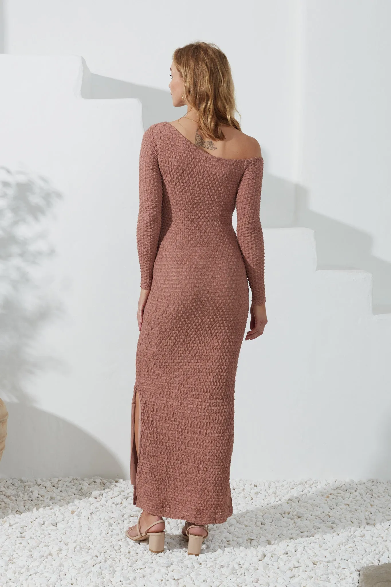 Fia Dusty Pink Asymmetric Bodycon Maxi Dress